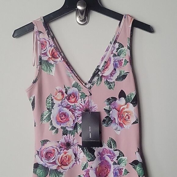NWT Zara BodyCon Dress Pink Roses Floral Midi Sexy Fitted S Short Sleeve V Neck - Picture 2 of 8